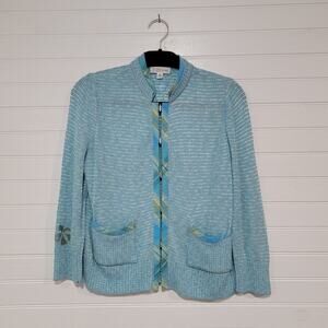 St John Sport Embroidered Floral Clasp Cardigan Top Size Medium Lightweight Knit